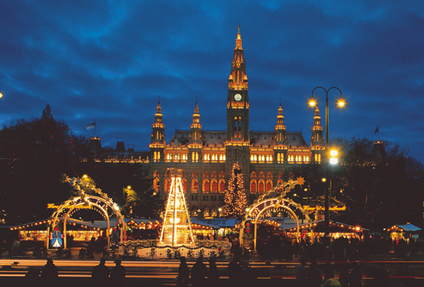 Christmas market at night, Town Hall Square, Vienna, Austria Photo