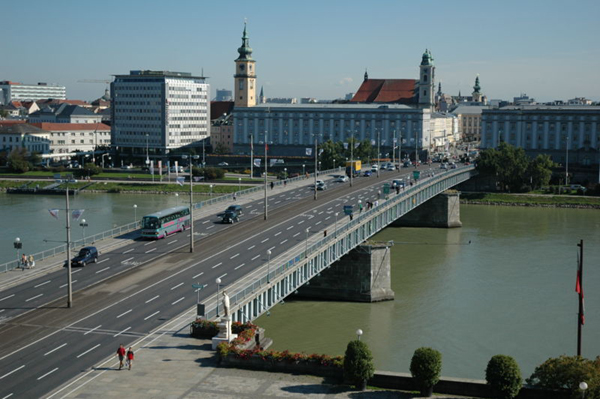 Linzer Nibelungenbrucke bridge over the Danube River, Linz, Austria Photo