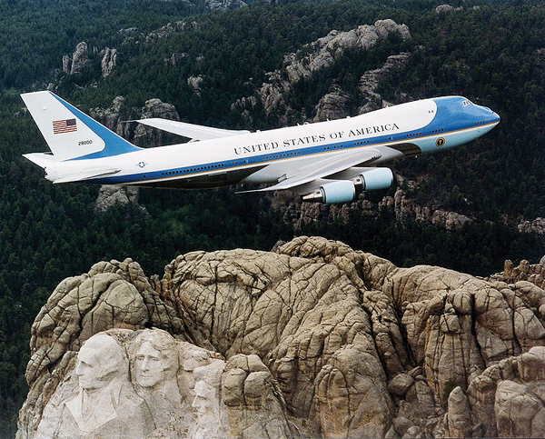 Air Force One flying over Mount Rushmore, South Dakota, United States photo